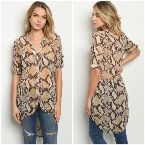 Tops - Snake print button down high low top